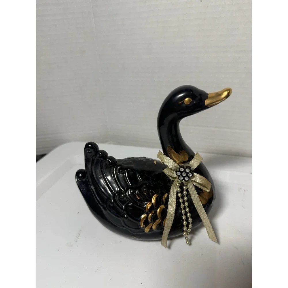VTG Black Gold Ceramic Swans Set Animal Figurines Made In Taiwan 5